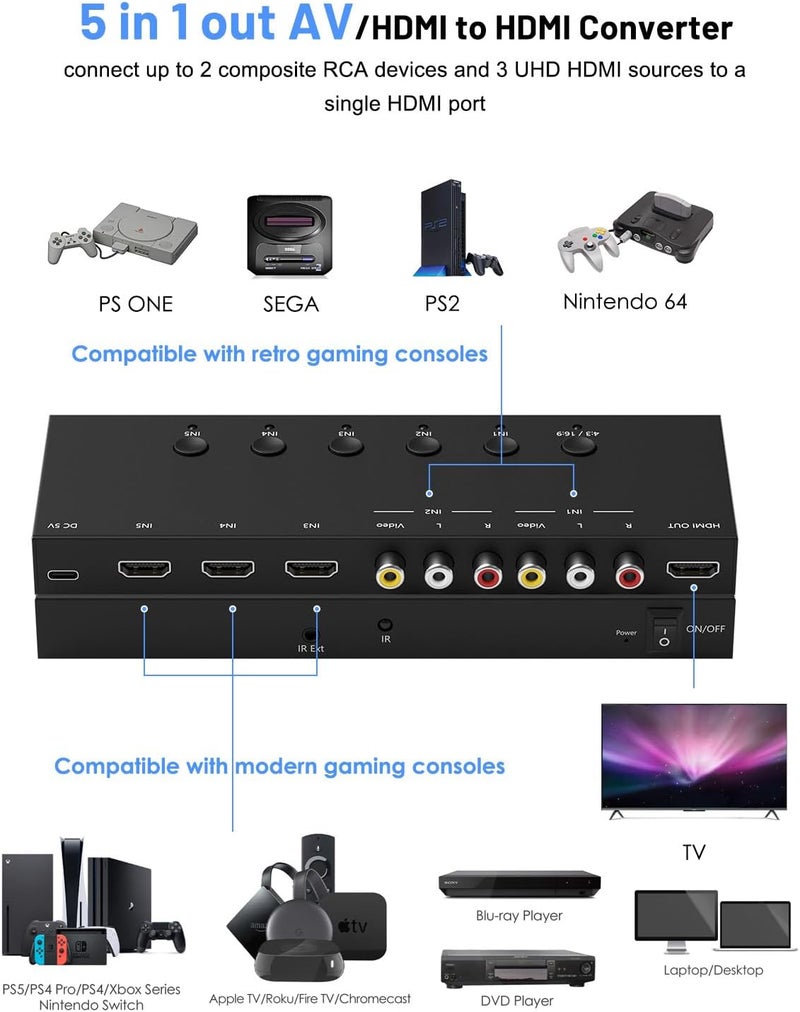 OseTub مفتاح HDMI و AV 2 في 1 – العب PS5 والألعاب الكلاسيكية على تلفاز واحد، 3 HDMI 2.0 (4K HDR) + 2 مدخل RCA – يدعم Xbox Series X/Switch/Wii/PS2/N64 – HDCP 2.2، 3D، تبديل 4:3/16:9 - Image 2